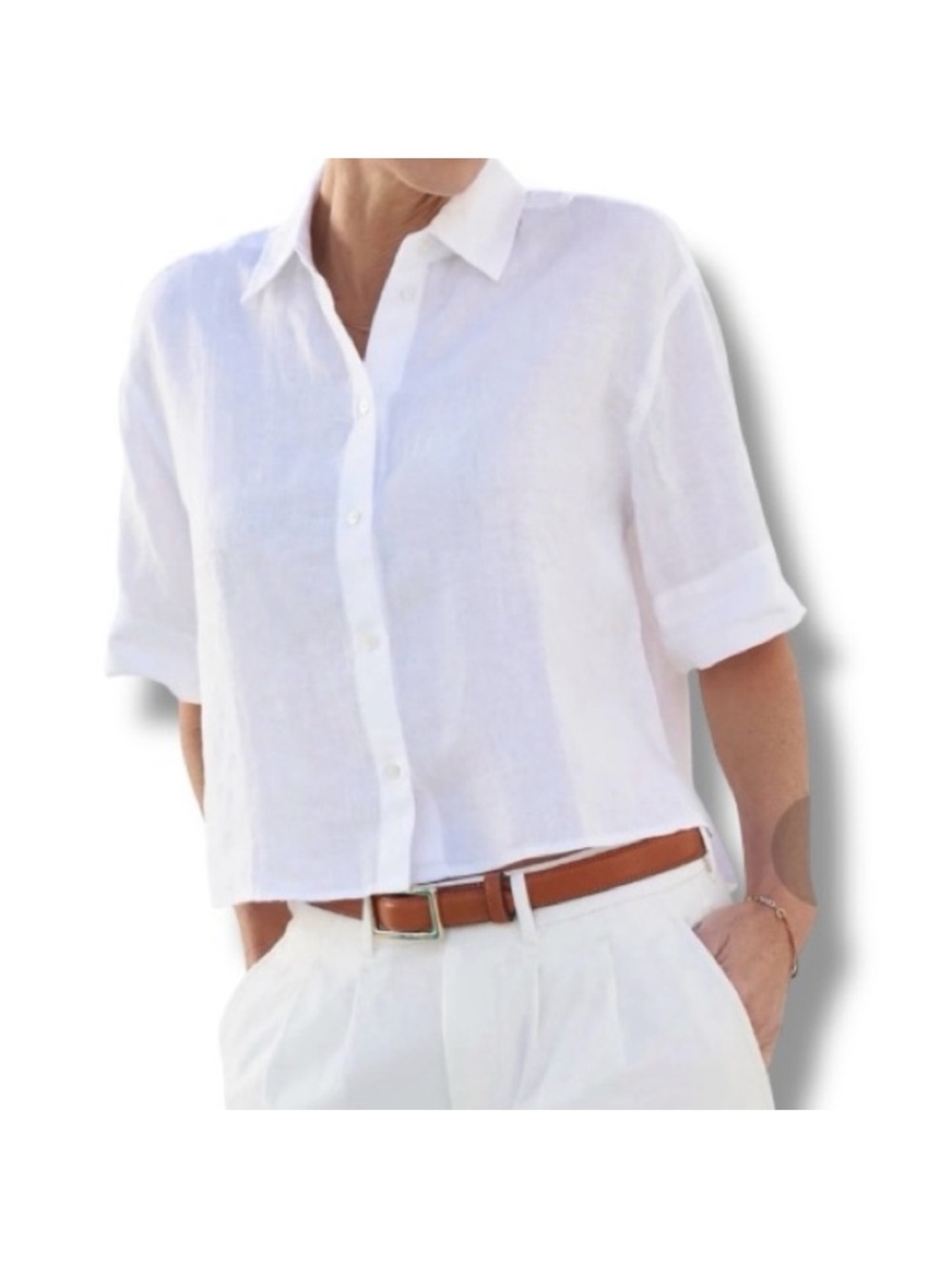 AYR The Book Club White Linen Short-Sleeve Button-Down Crop Shirt